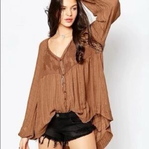 Free People Brown Boho White Lies Raw Hem Blouse Size Small